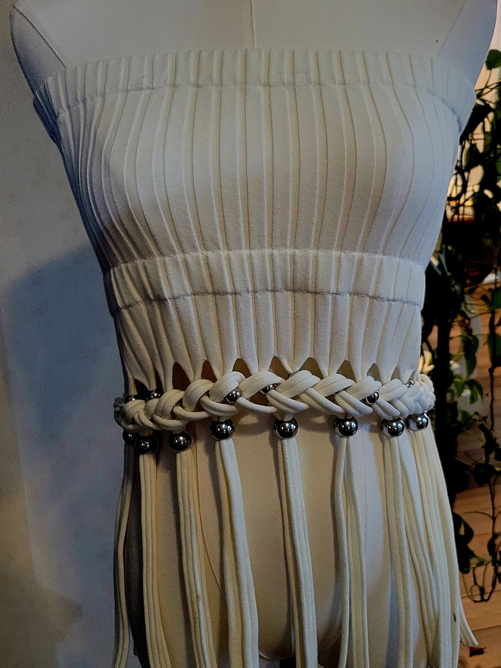 Dion LEE Cream Braided Fringe Cropped Boho Tube with Silver Beads